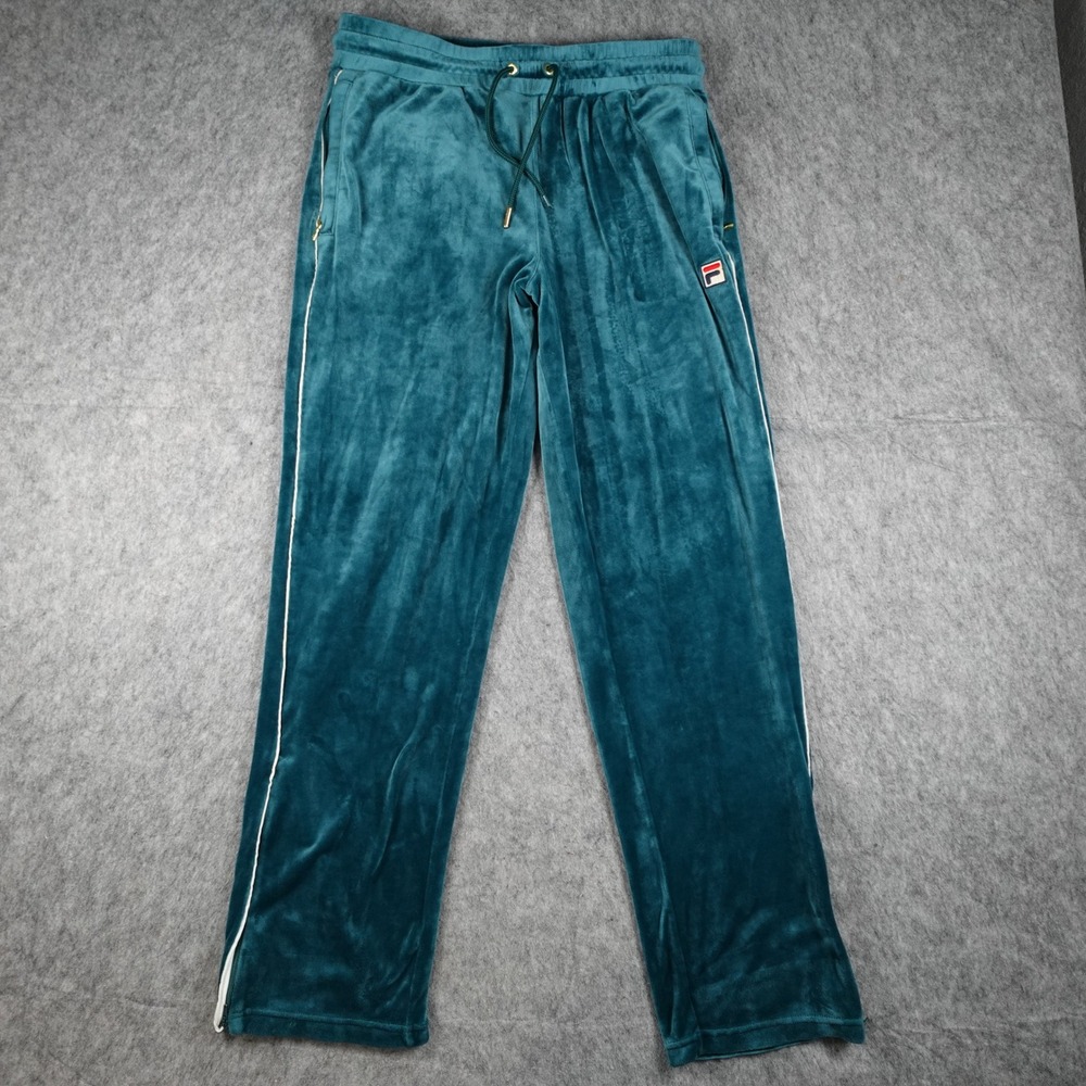 FILA Pants Men Large Teal Cyrus Velour Track Side Stripe Drawstring Ankle Zip